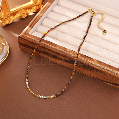 Faceted Round Natural Tiger Eye and Brass Beaded Necklaces WG14B70-02-1