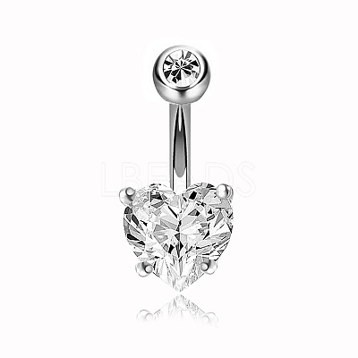 304 Stainless Steel Clear Cubic Zirconia Heart Curved Barbell Belly Rings WG52F32-02-1