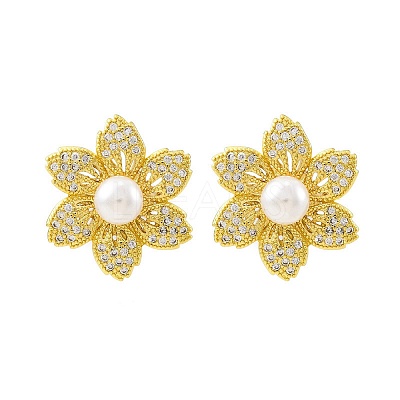 Flower Brass Micro Pave Clear Cubic Zirconia Stud Earrings EJEW-H158-04G-1