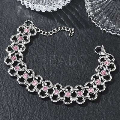 304 Stainless Steel Light Rose Rhinestone Bowknot Link Chain Bracelets SA-CBA2696-11P-1