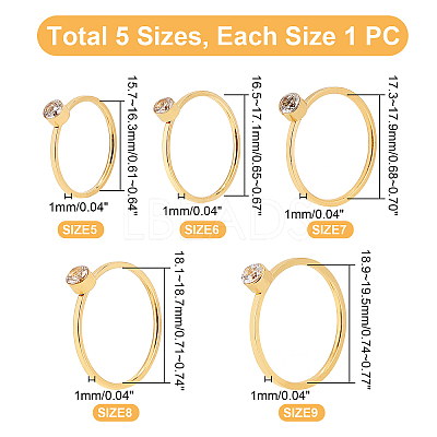 5Pcs 5 Style Flat Round Rhinestone Finger Rings RJEW-UN0001-08-1