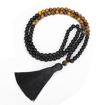 Black Obsidian & Tiger Eye 108 Mala Prayer Round Beaded Wrap Necklaces with Long Tassel FS-WG54ED5-02-1