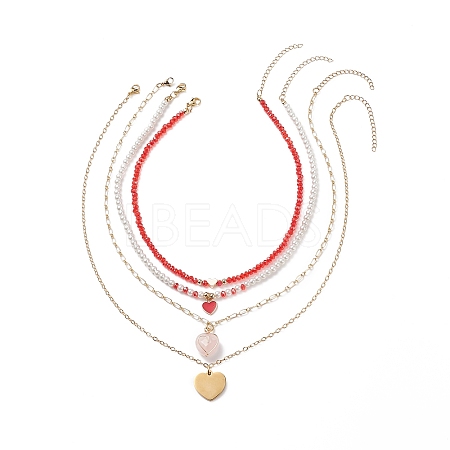 4Pcs 4 Style Natural Rose Quartz & 304 Stainless Steel & Alloy Enamel Pendant Necklaces Set NJEW-JN04069-1