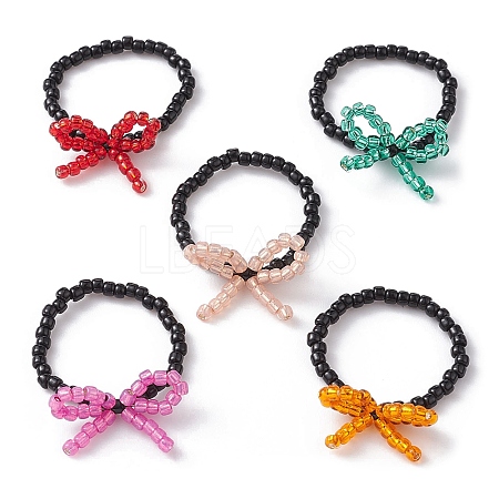 Glass Seed Beaded Bowknot Stretch Finger Rings RJEW-MZ00012-1