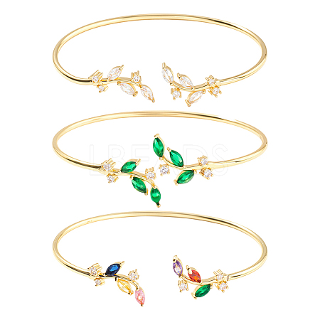 3Pcs 3 Colors Elegant Brass Cubic Zirconia Leaf Cuff Bangles for Women BJEW-GO0003-01G-1