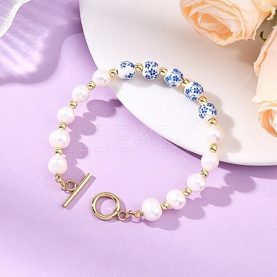Natural Cultured Freshwater Pearl & Handmade Porcelain & Non-magnetic Synthetic Hematite Beaded Bracelets for Women BJEW-JB13964-1
