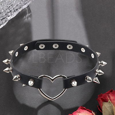 Adjustable Adjustable Gothic PU Leather Alloy Spike Rivet Heart Choker Necklaces for Women NJEW-WH20816-006P-B-1