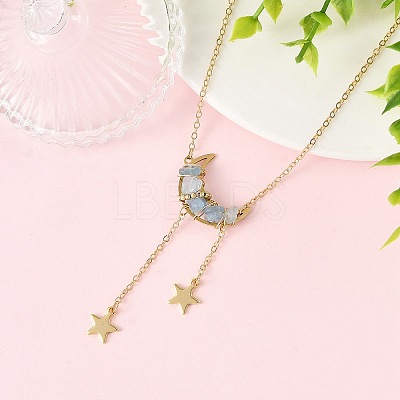 4Pcs 4 Styles Natural Aquamarine & Rose Quartz & Topaz Jade & Amethyst Chip Beads Moon Pendant Brass Cable Chain Necklaces for Women NJEW-TA00257-1