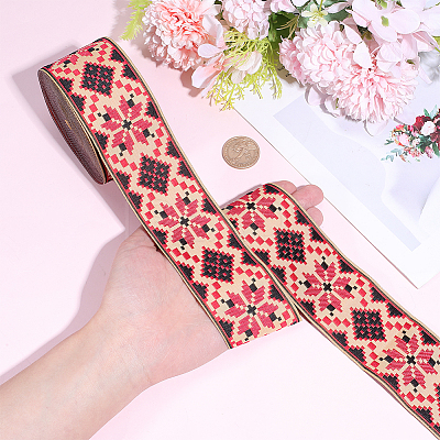 Rhombus Pattern Ethnic Style Embroidery Floral Polyester Ribbons OCOR-WH0070-324A-1
