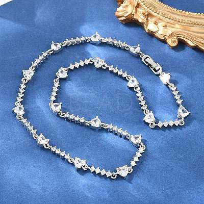 Brass Pave Clear Cubic Zirconia Heart Link Chain Necklaces KK-CBA4547-16B-P-1