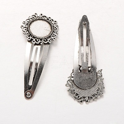 Flower Iron Snap Hair Clips with Tibetan Style Alloy Round Trays X-MAK-J002-04AS-1