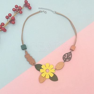 Wooden Flower Leaf Pendant Imitation Leather Cord Necklaces for Women WG4EF74-01-1