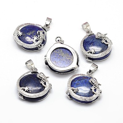 Flat Round with Dragon Platinum Tone Brass Dyed & Heated Natural Lapis Lazuli Pendants G-F228-24D-RS-1