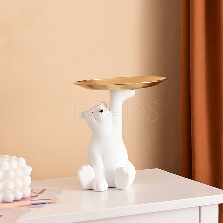 Resin Polar Bear Sculpture with Metal Tray DJEW-PW0012-082-1