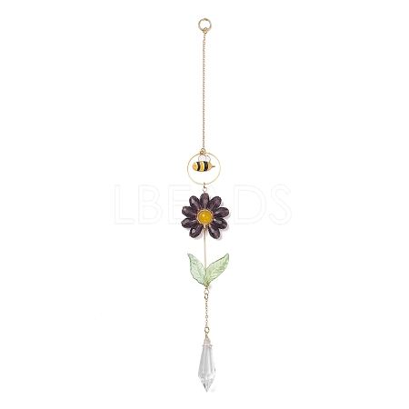 Alloy Enamel Bee & Glass Flower Crystal Suncatcher HJEW-TA00475-01-1