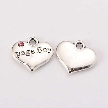 Wedding Theme Antique Silver Tone Tibetan Style Heart with Page Boy Rhinestone Charms X-TIBEP-N005-14D-1