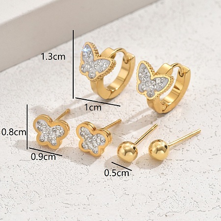 Sweet 304 Stainless Steel Rhinestone Butterfly Earrings Set for Women MP5411-2-1