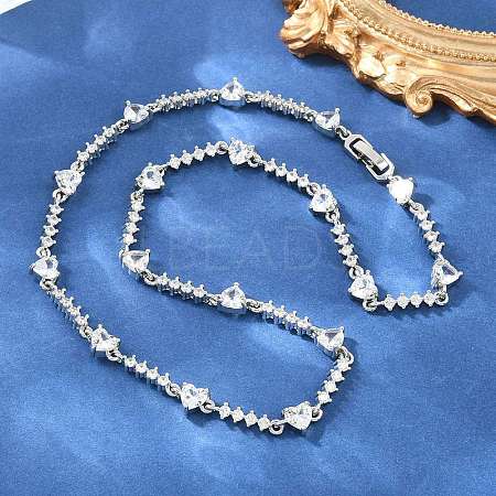Brass Pave Clear Cubic Zirconia Heart Link Chain Necklaces KK-CBA4547-16B-P-1